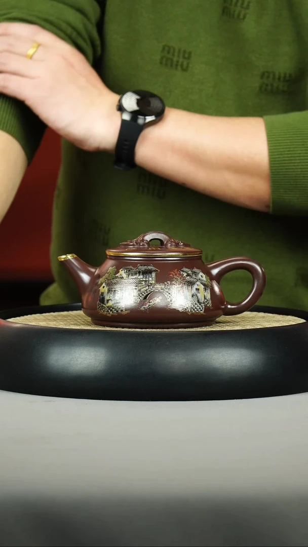 茶壶紫砂石红 如意石瓢 珐琅彩 江南水乡