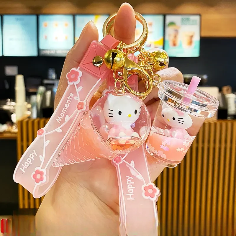卡通KT猫奶茶杯钥匙扣精致可爱女生书包挂件亚克力流沙汽车钥匙链