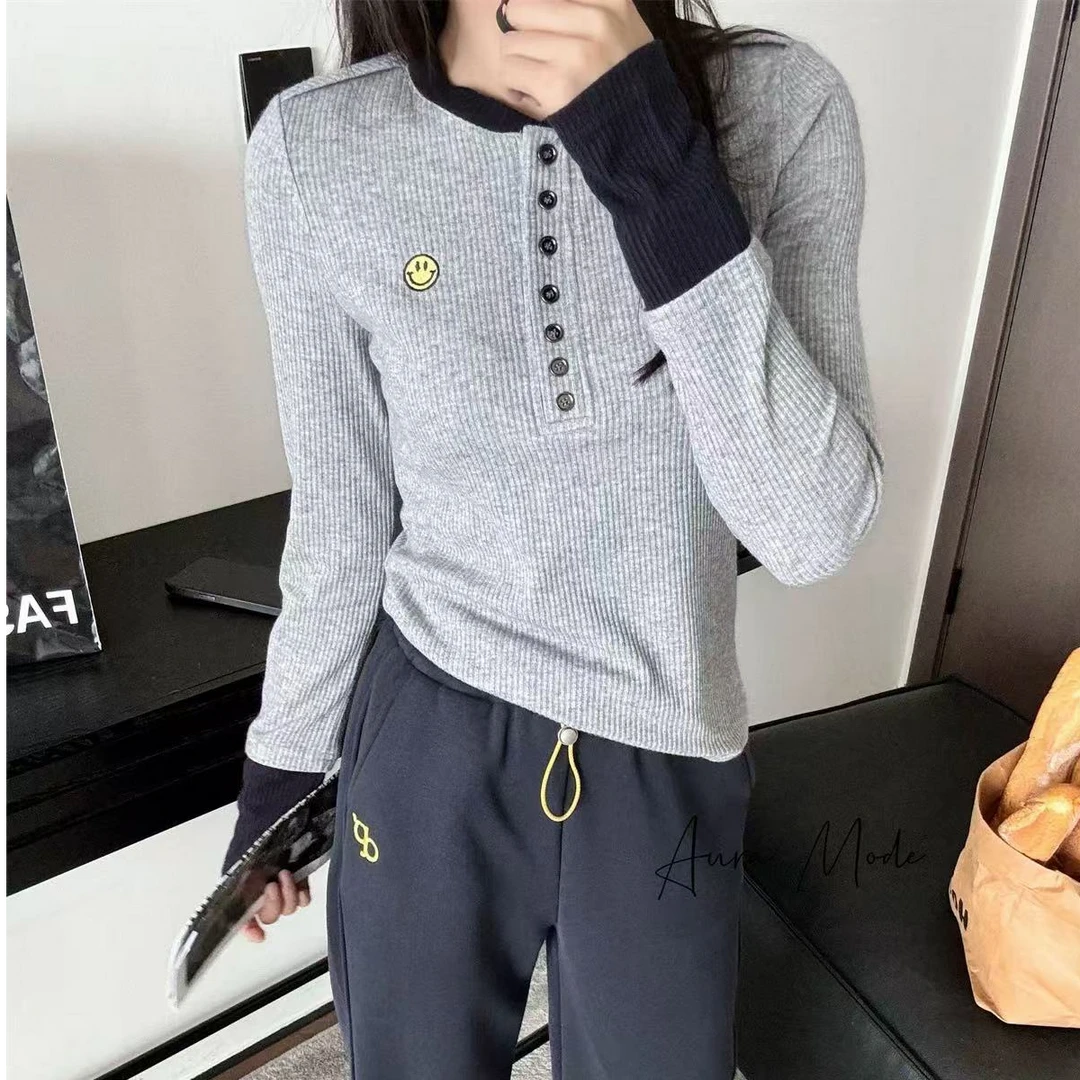 D949秋冬新款韩版时尚百搭笑脸字母刺绣长袖修身打底衫