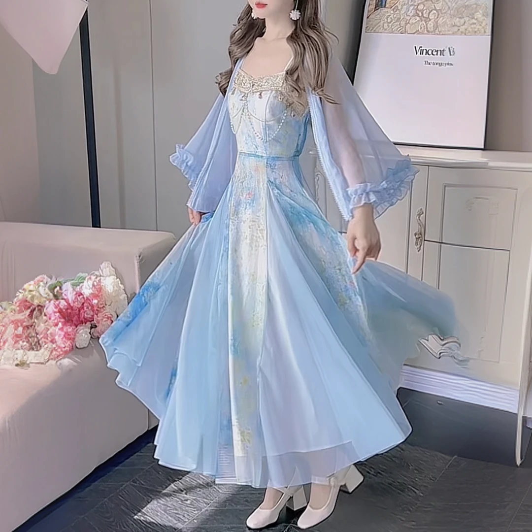 1公主家911【月光女神】蓝色晕染印花长裙连衣裙+开衫两件套套装