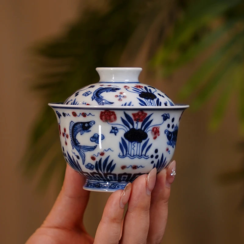 亦然堂  春风鱼藻釉里红大盖碗 茶瓷喝茶品茗茶具喝茶器具 NH3156