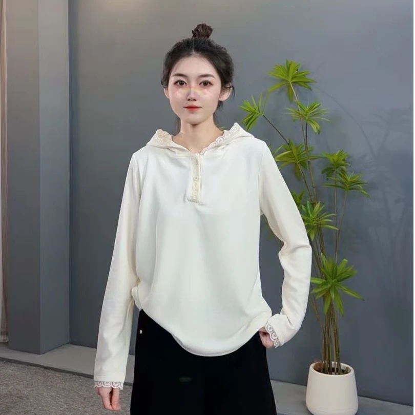 2211 设计款蕾丝肌理感百搭休闲帽衫