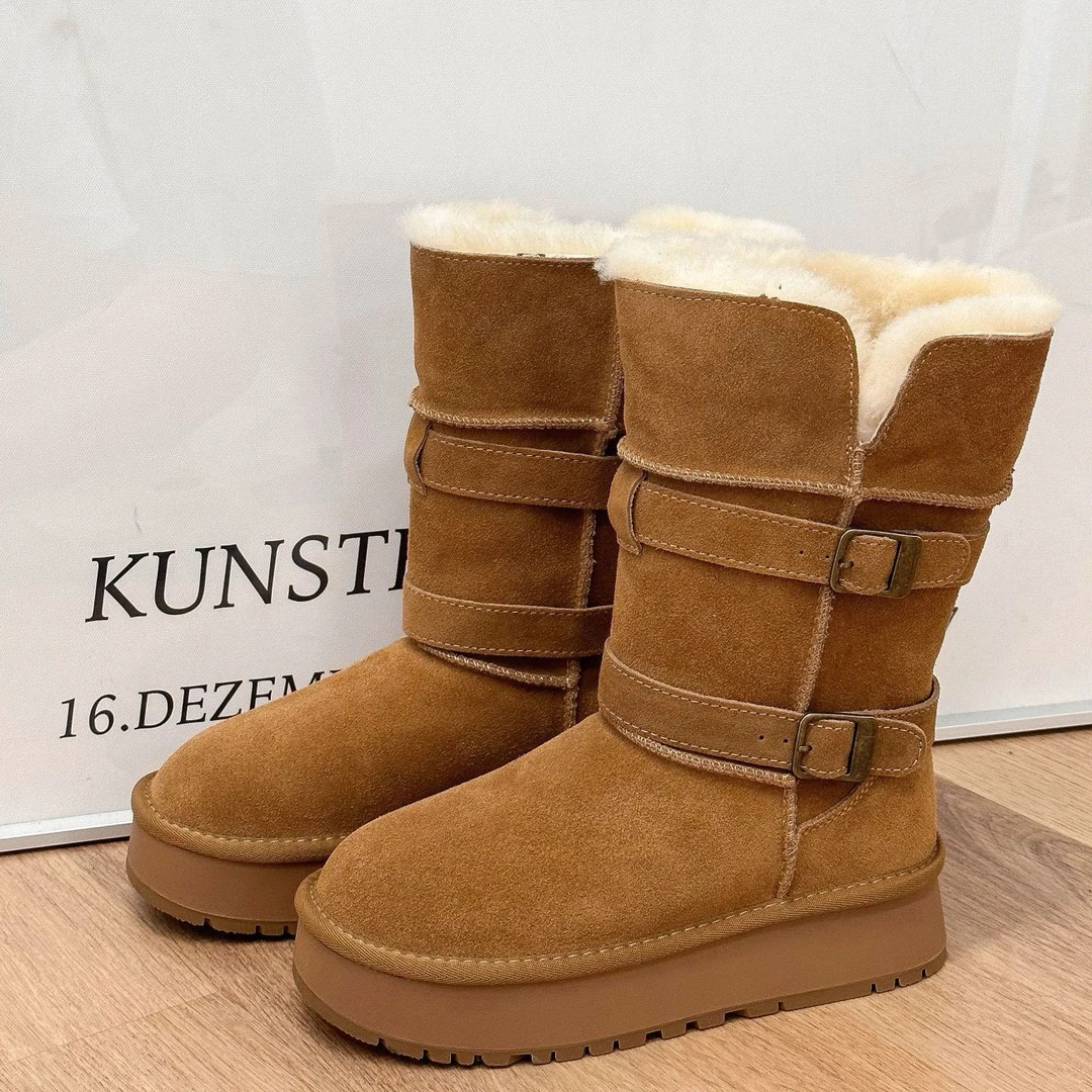 羊皮毛一体加绒雪地靴女2025新款搭扣防滑松糕厚底中筒保暖棉靴