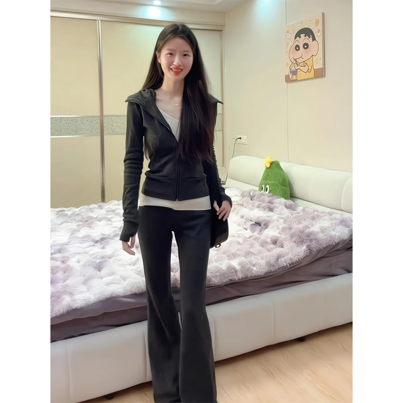 外套修身卫衣开衫chic穿搭连帽瑜伽服直腿喇叭裤长裤休闲卫裤2025