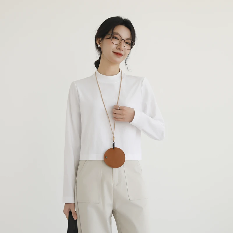 露脐短款半高领t恤女夏长袖正肩外穿宽松休闲高腰中领上衣打底衫