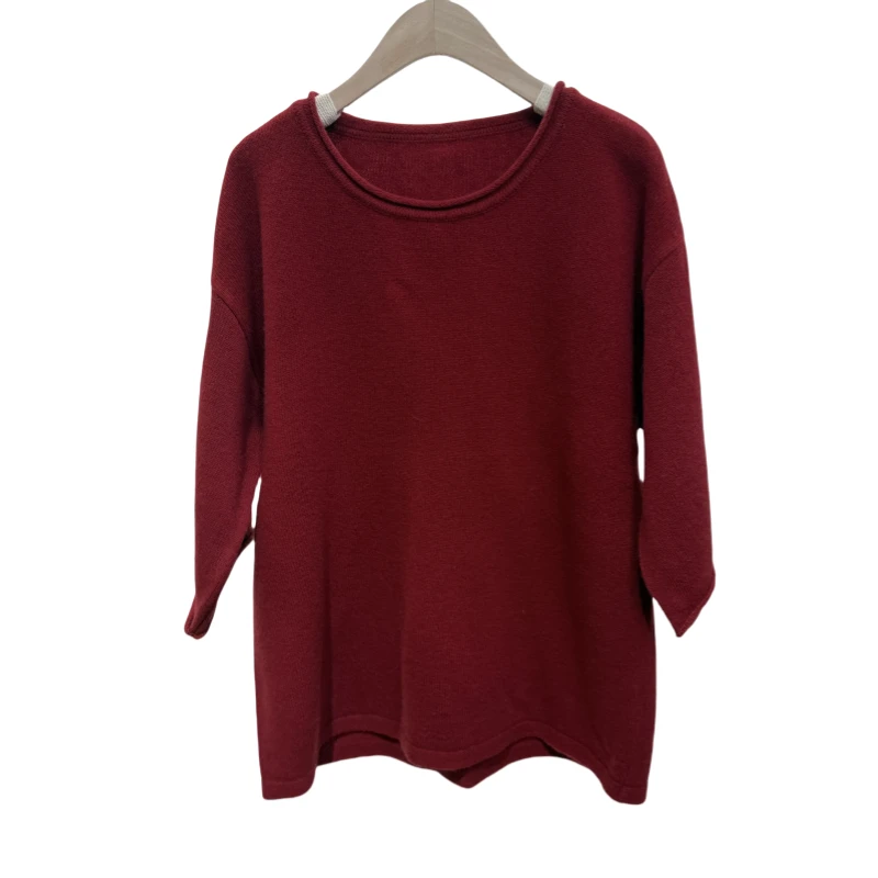 定制款卷边圆领纯羊毛针织中袖衫触感暖阳宽松落肩版型上衣秋冬