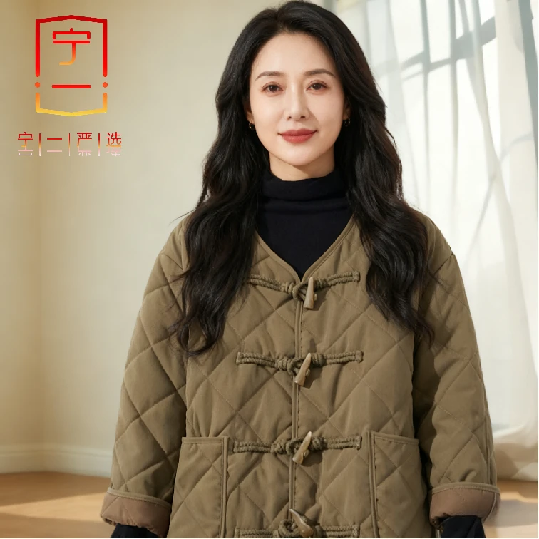 【宁一女装】大码时尚显瘦棉衣女秋冬设计感盘扣宽松休闲韩版夹棉服