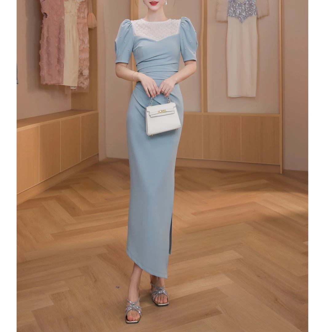 新款法式修身开叉包臀裙气质收腰连衣裙31191