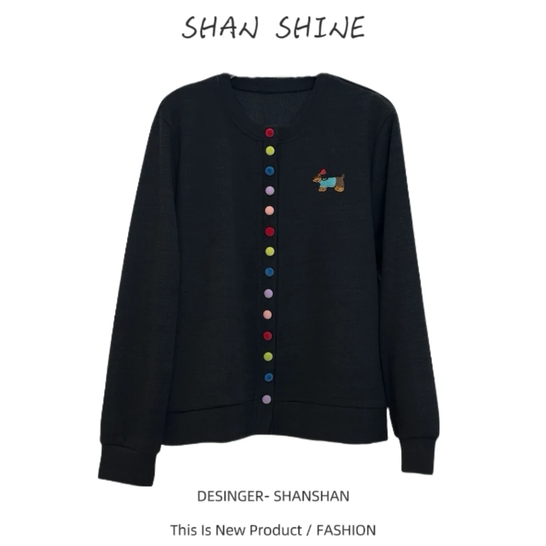 新款设计感彩扣针织开衫长袖打底t恤