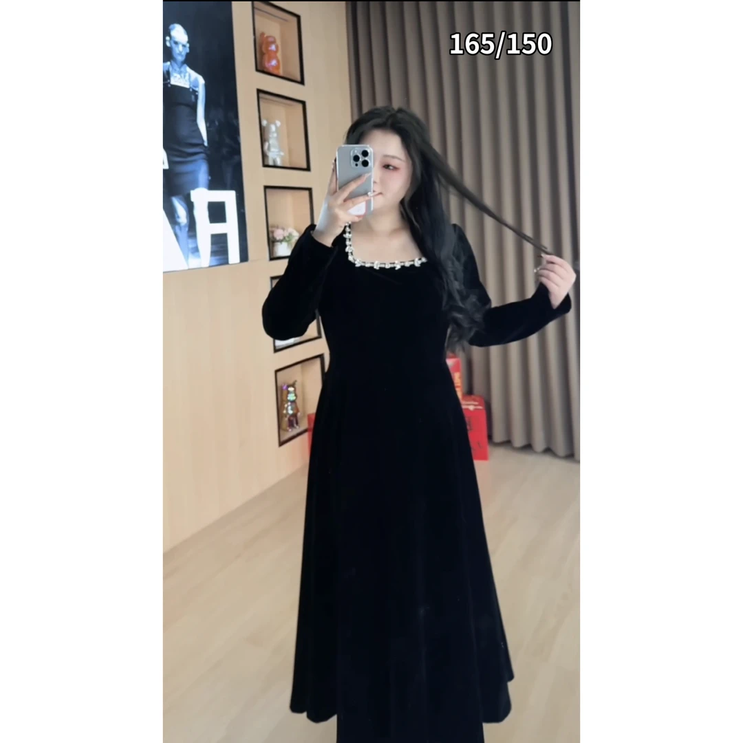 胖mm微胖定制~【LWT1010】黑色长裙显瘦气质长袖裙子气质轻奢复古