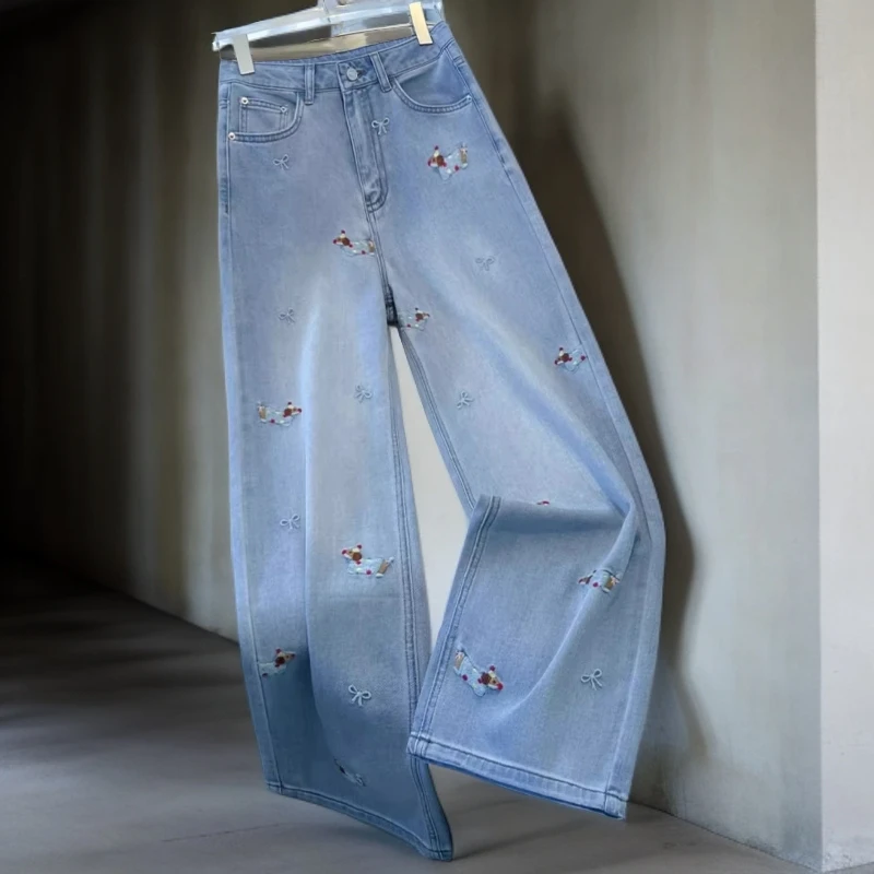 拉夏贝尔高级感窄版阔腿裤女春秋2025新款发财小狗刺绣直筒牛仔裤