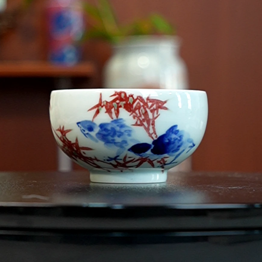 12.29/N100130/00705/青花釉里红竹子禅定杯/口径8.4/高5/110cc