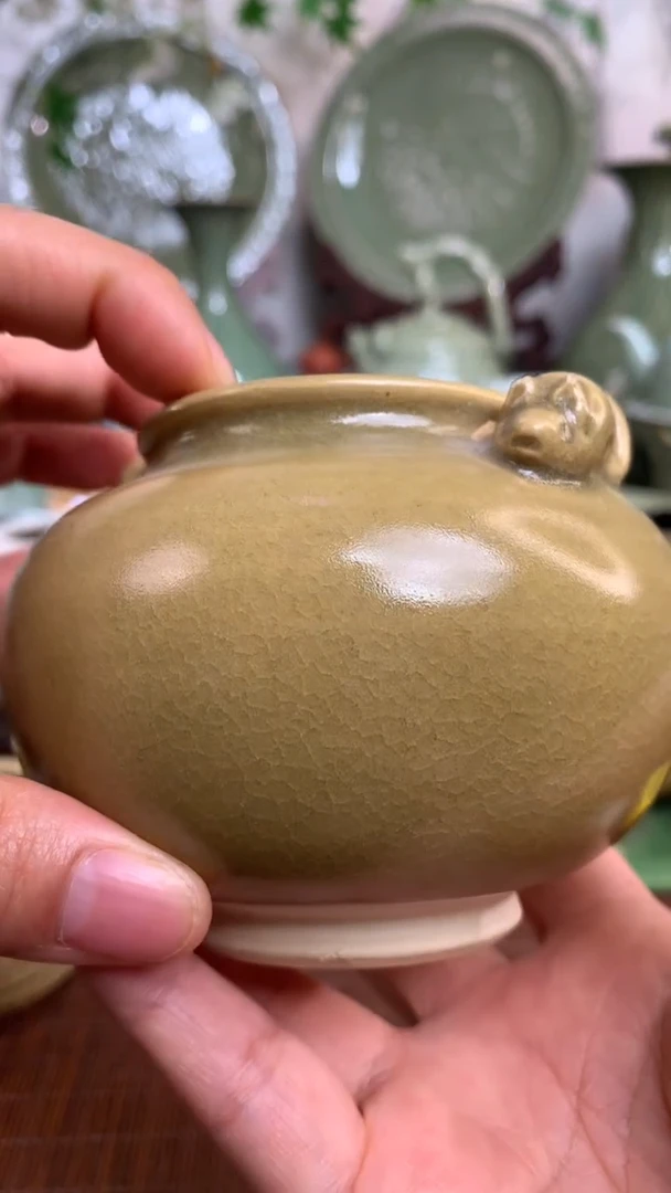 耀州窑微瑕老鼠耳朵有损姜黄釉水洗一只
