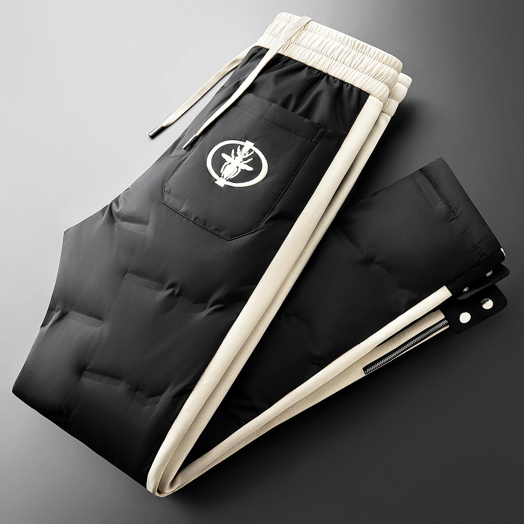 Fervemore费韦戈摩冬季撞色拼接加厚保暖白鸭绒防水直筒羽绒男裤