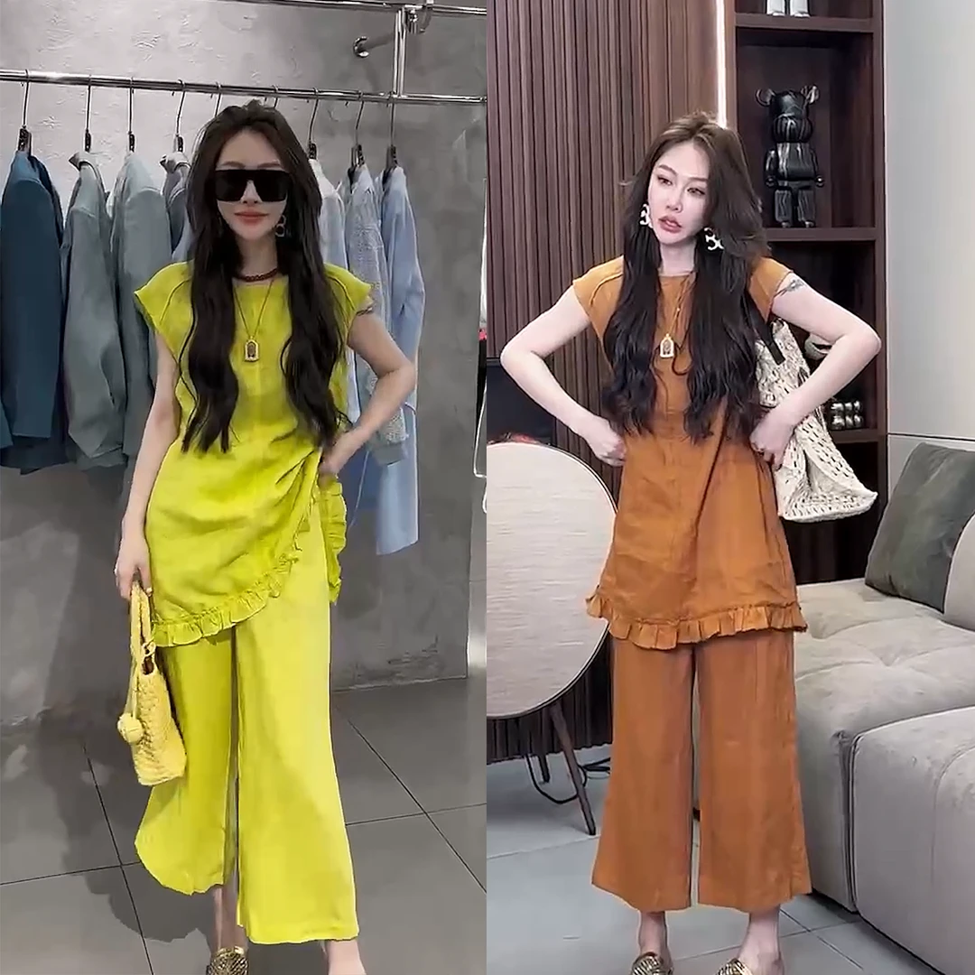 80657夏季 韩系甜美宽松圆领无袖木耳边大衫+九分休闲裤时尚套装