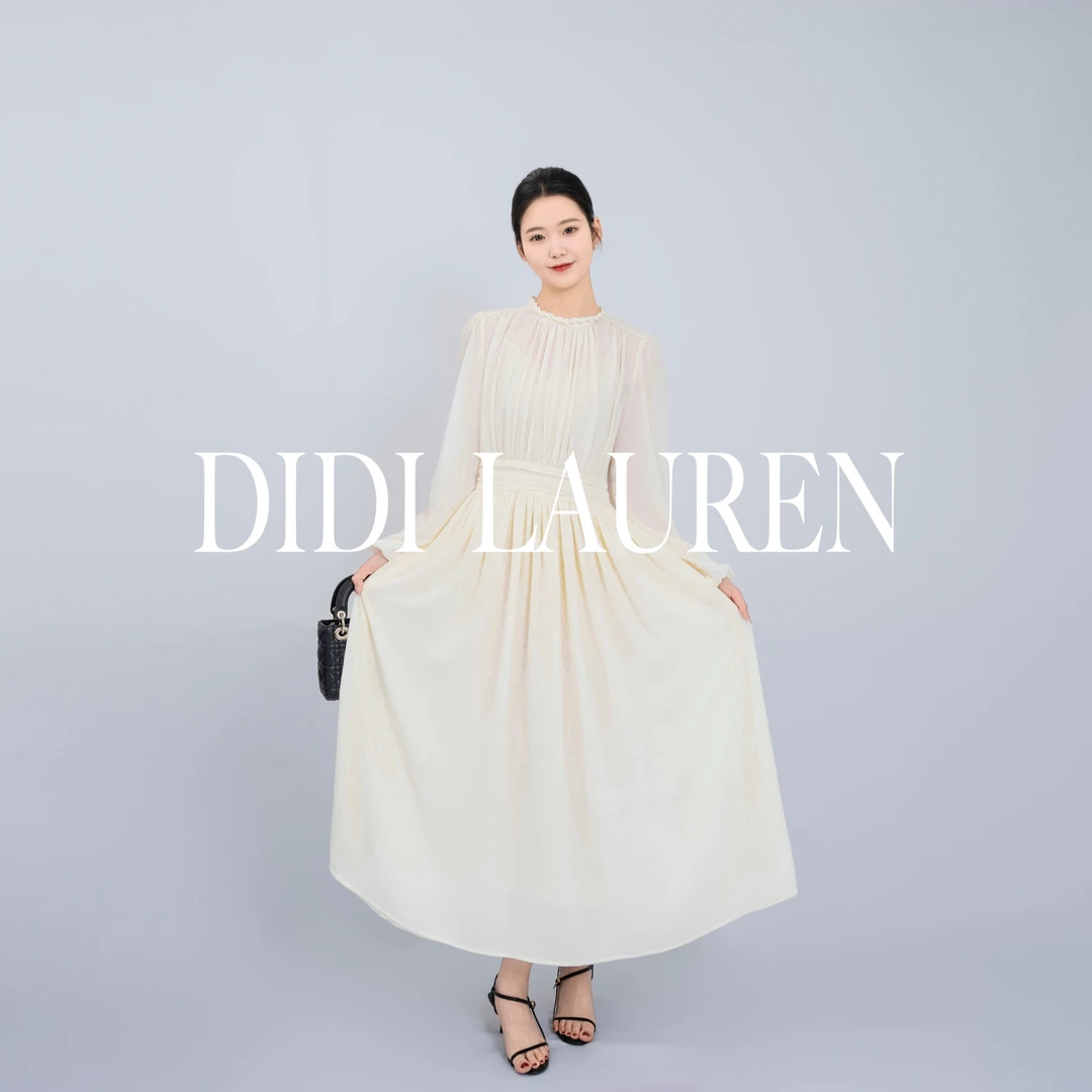 DIDI LAUREN“月下白茶”法式优雅气质灯笼袖雪纺长袖连衣裙