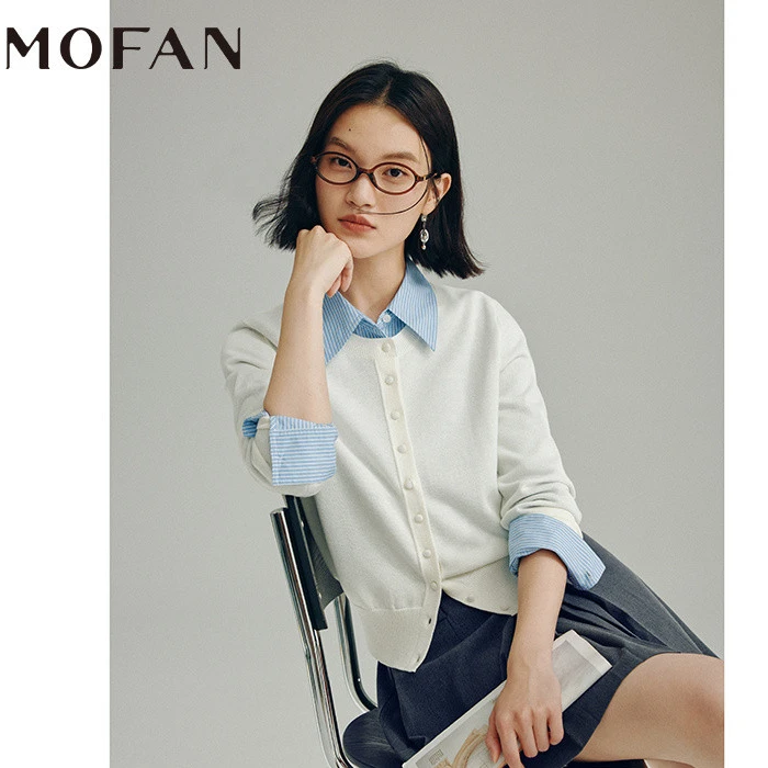优雅圆领针织开衫女MOFAN摩凡2025秋新款罗纹袖口设计感休闲毛衫