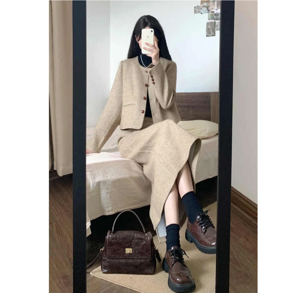 高个子复古小香风毛呢套装早秋气质圆领短款外套高腰半身裙两件套