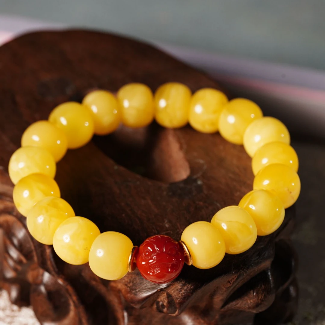 蜜蜡雕刻老型手串百搭时尚国风素圈单圈精美圆珠经典百搭男女款