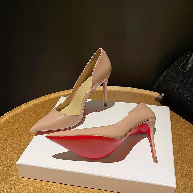 尖头红底秋季礼服鞋细跟高跟鞋气质单鞋漆皮裸色春季时尚性感