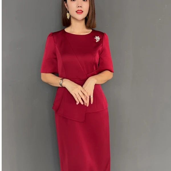 V48913特大码高端喜婆婆妈妈婚宴晚装荷叶边收腰礼服假两件连衣裙