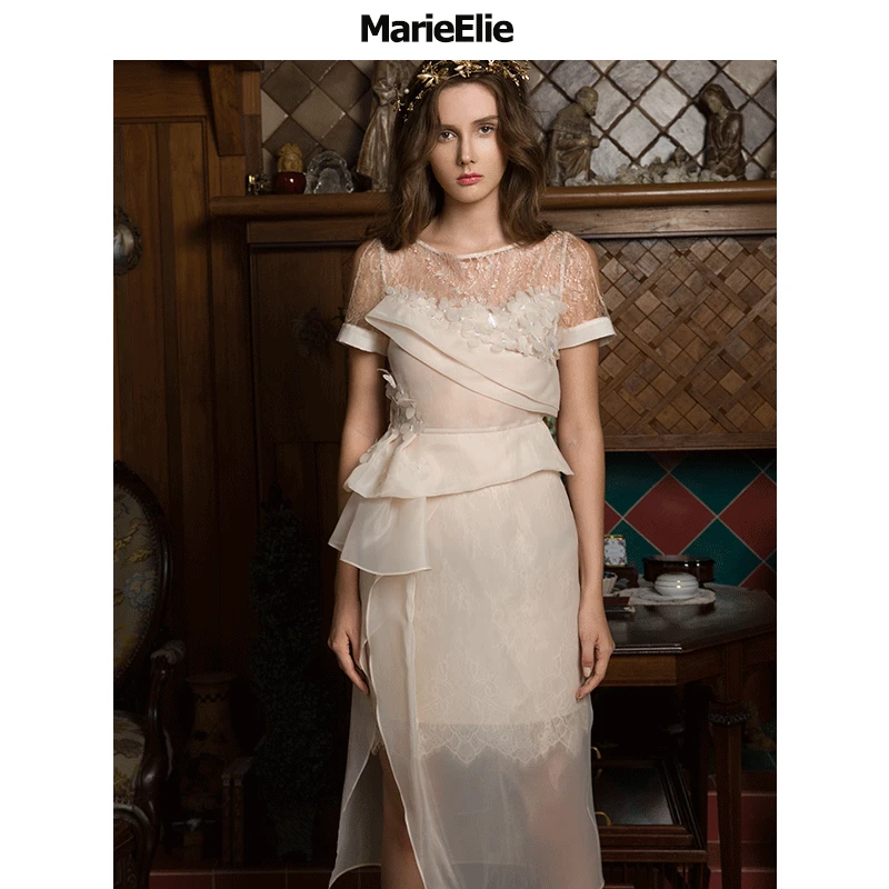 【诗语专属】Marie Elie杏色立体花高腰连衣裙ES163359A01