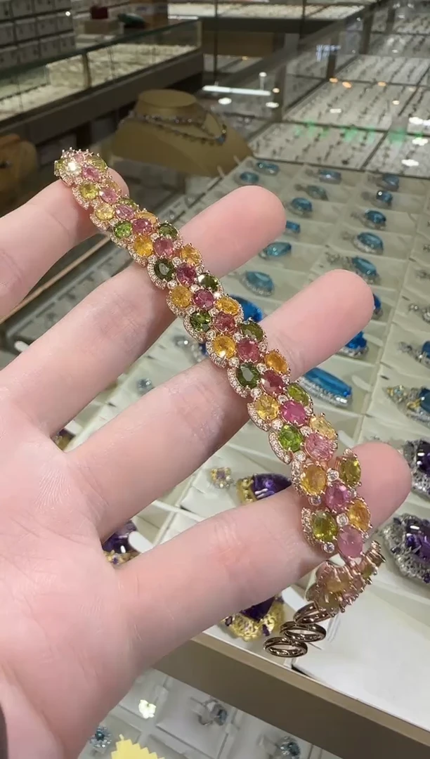 银S925镶嵌手链碧玺11mm手链高级款多样性发一