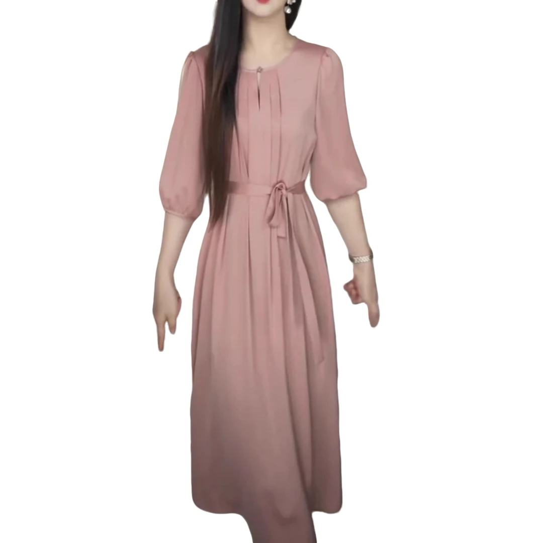 醋酸冰丝缎洛希今年流行气质连衣裙子女夏新款五分袖独特漂亮掐腰