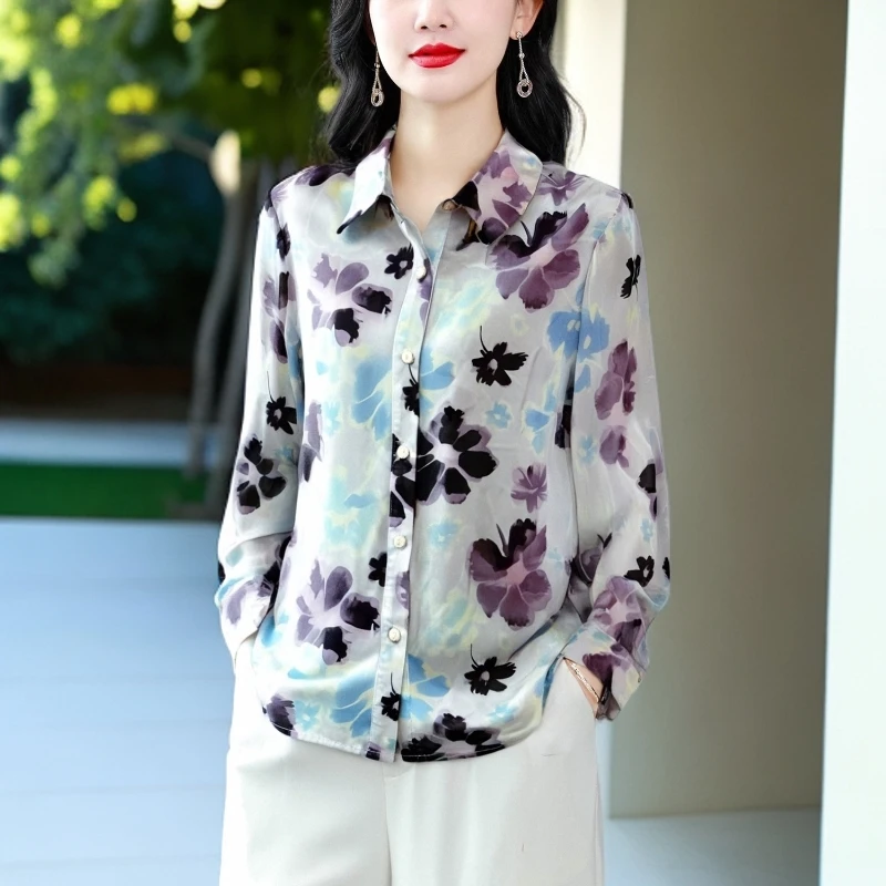 秋款新款2025时尚显瘦上衣立领洋气衬衫印花大码遮肉宽松上衣小衫