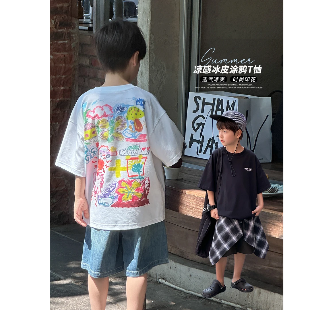 【依妈家】现货 夏季儿童轻薄冰感棉字母涂鸦T恤男女童透气25D168