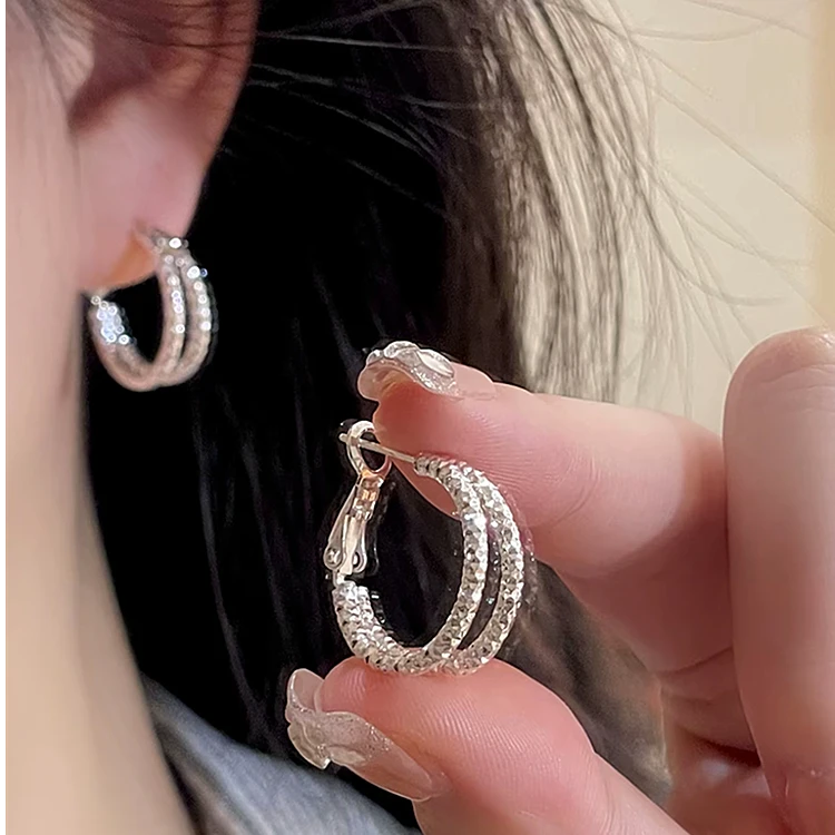 双层碎银新款耳环女轻奢小众设计高级感耳环百搭气质爆款耳饰7810