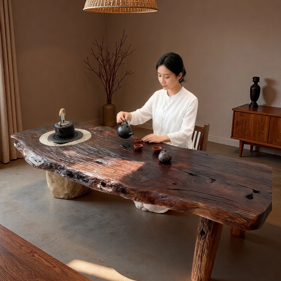 原木侘寂风木与石头结合茶几实木茶桌茶台茶室日式矮飘窗禅意家具