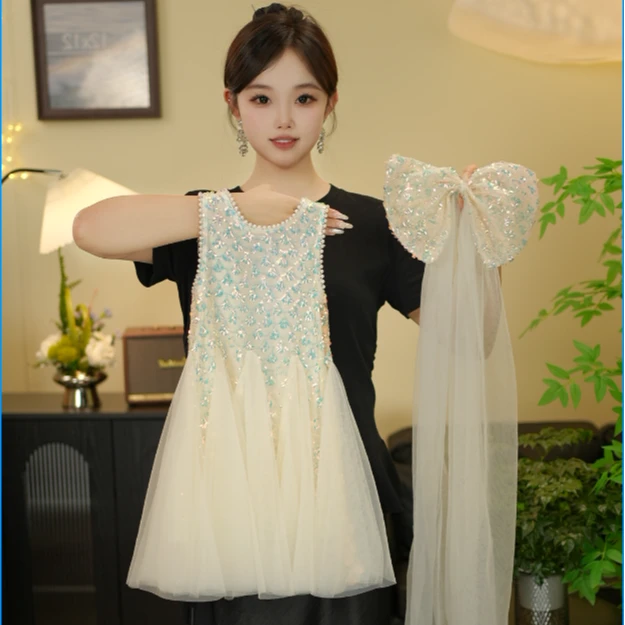 2025新款女童夏季米杏色礼服风格公主连衣裙