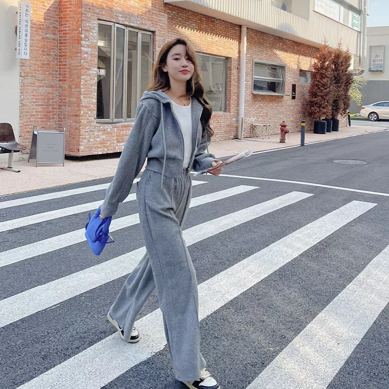 春秋休闲连帽拉链短款外套+休闲阔腿裤两件套 24031