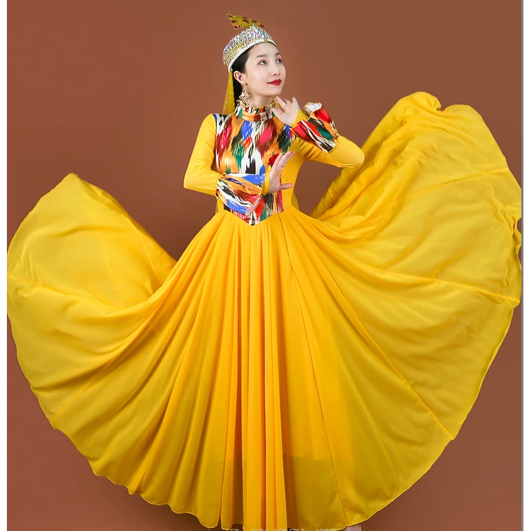 天翼美新疆舞蹈服720度立领气质艾德莱斯拼接连衣裙