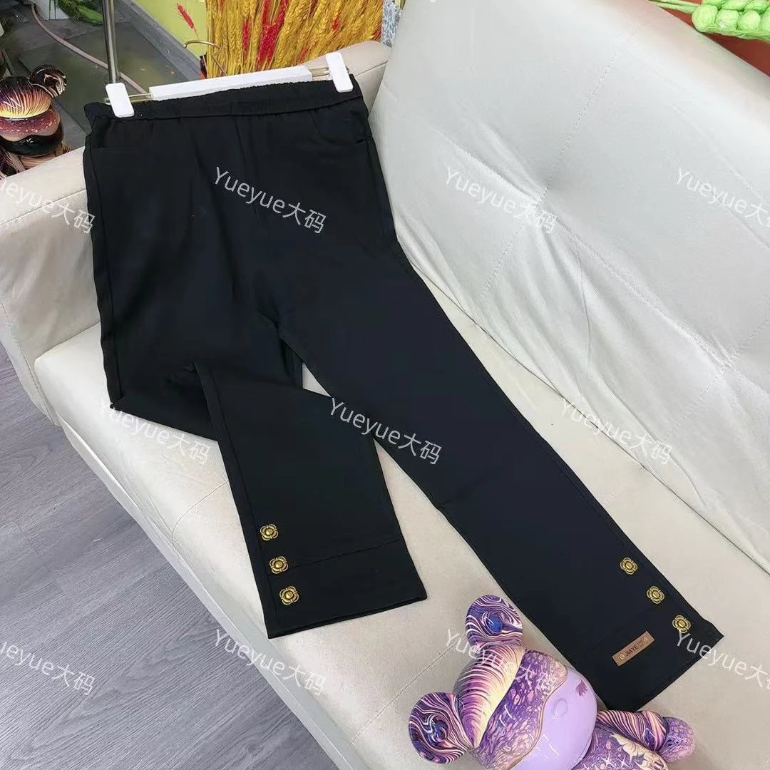 大码梨形身材黑色时尚百搭山茶花显瘦烟筒休闲裤