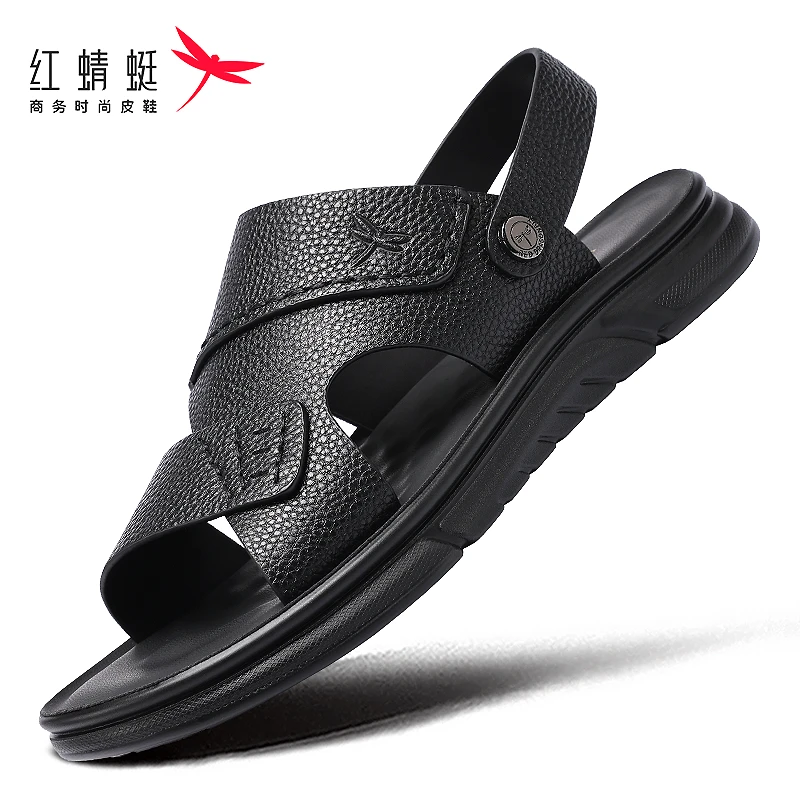 红蜻蜓真皮男士凉鞋透气户外沙滩鞋头层牛皮外穿休闲防滑防臭两穿