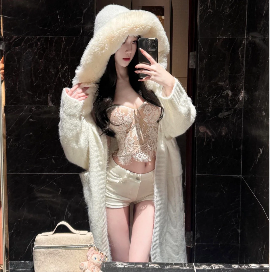 松弛开衫长款冬季性感秋冬针织纯欲针织开衫性感辣妹蕾丝吊带短裤