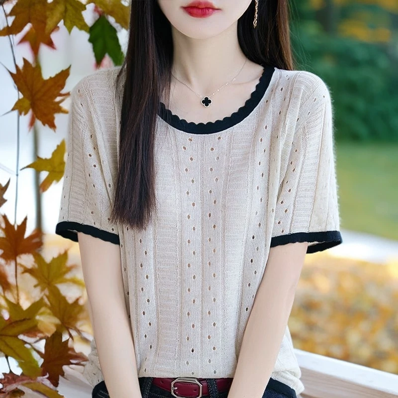 镂空正品上衣新款短袖拼色宽松针织衫洋气撤柜显瘦T恤气质100%