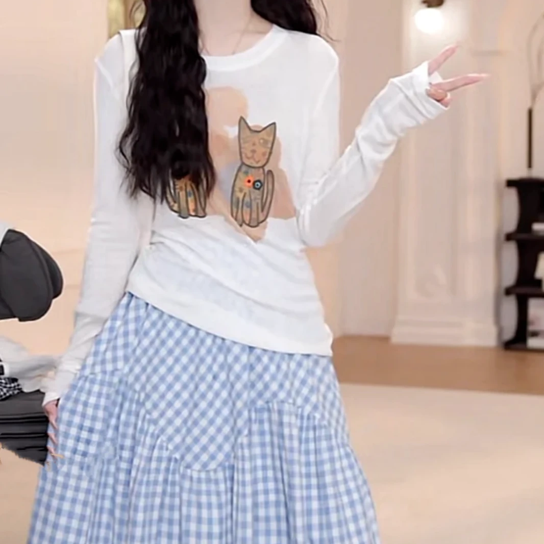 设计感两只猫防晒长袖T恤女春夏2025新款时尚百搭圆领套头上衣