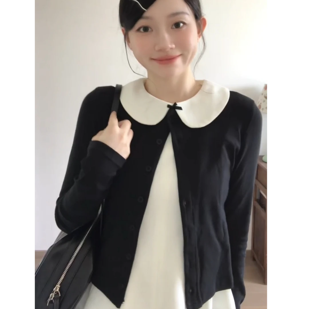 黑色薄款针织开衫外套女夏季韩系外搭镂空短款长袖小上衣潮针织衫
