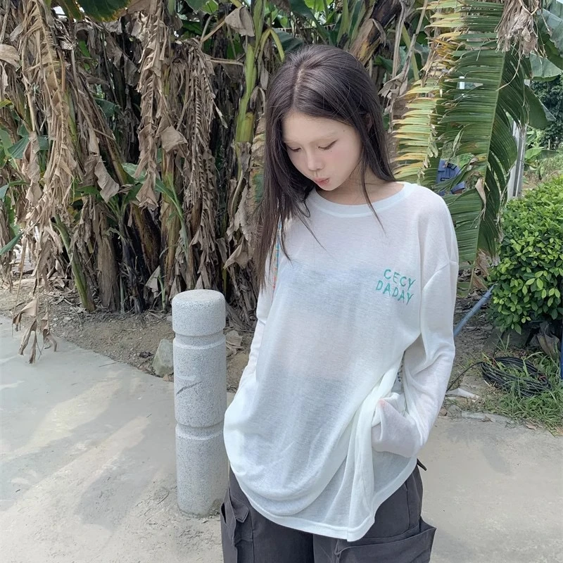 纯欲慵懒风女装夏季休闲印花圆领长袖T恤韩版中长款宽松薄款百搭