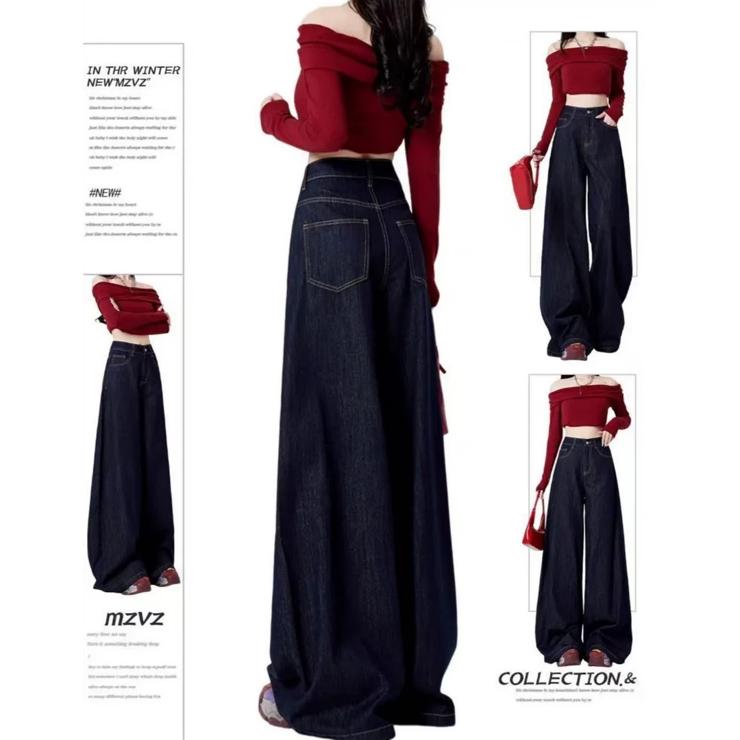 爆款丹宁蓝阔腿牛仔裤春夏显瘦高腰直筒休闲百搭垂感裤宽松水洗