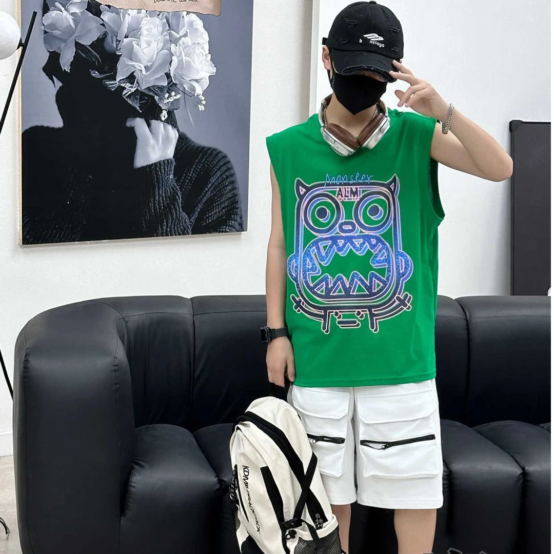 D633绿色青少年时尚潮流休闲背心T恤