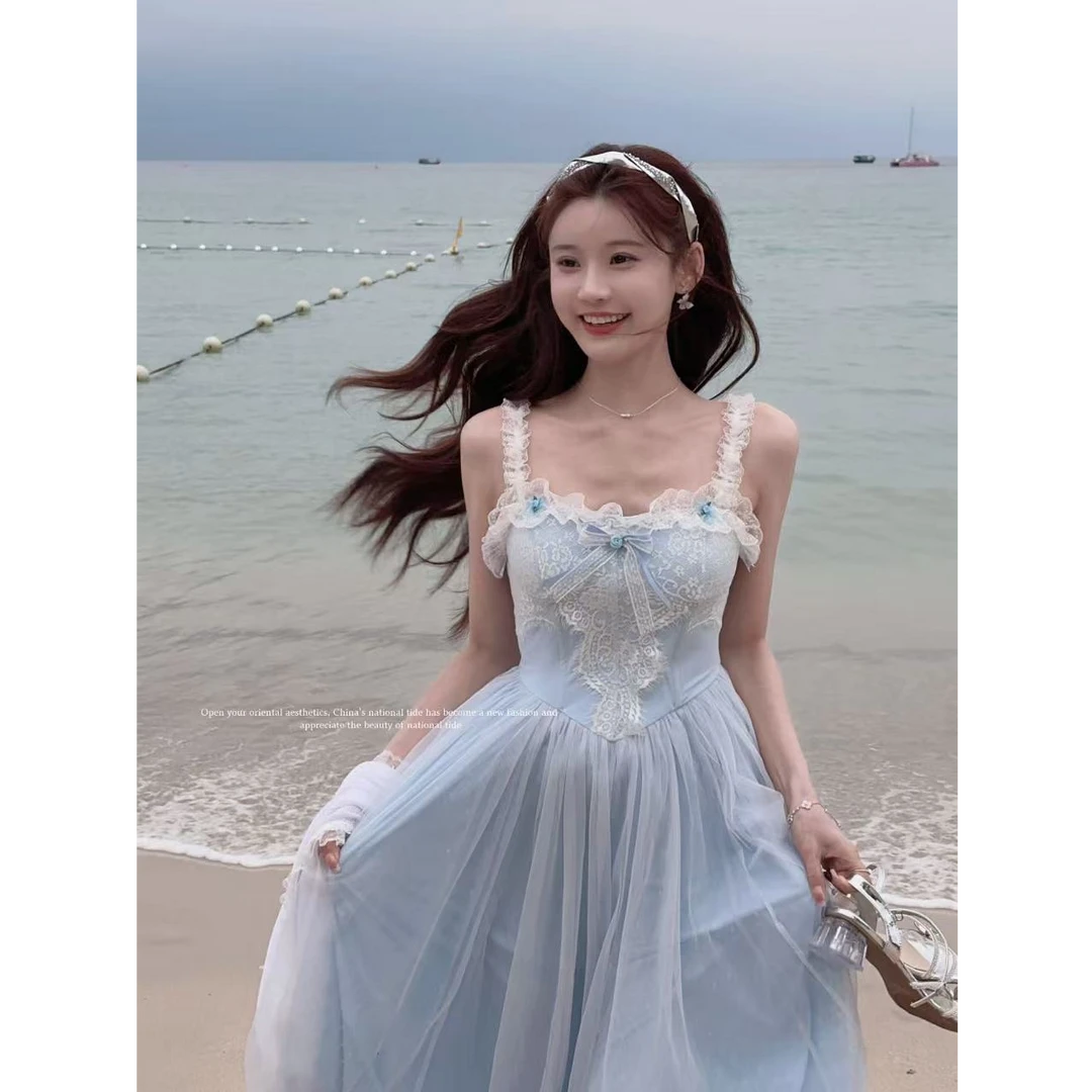 妖精的美美 【海蓝之恋】吊带蕾丝连衣裙（带胸垫）