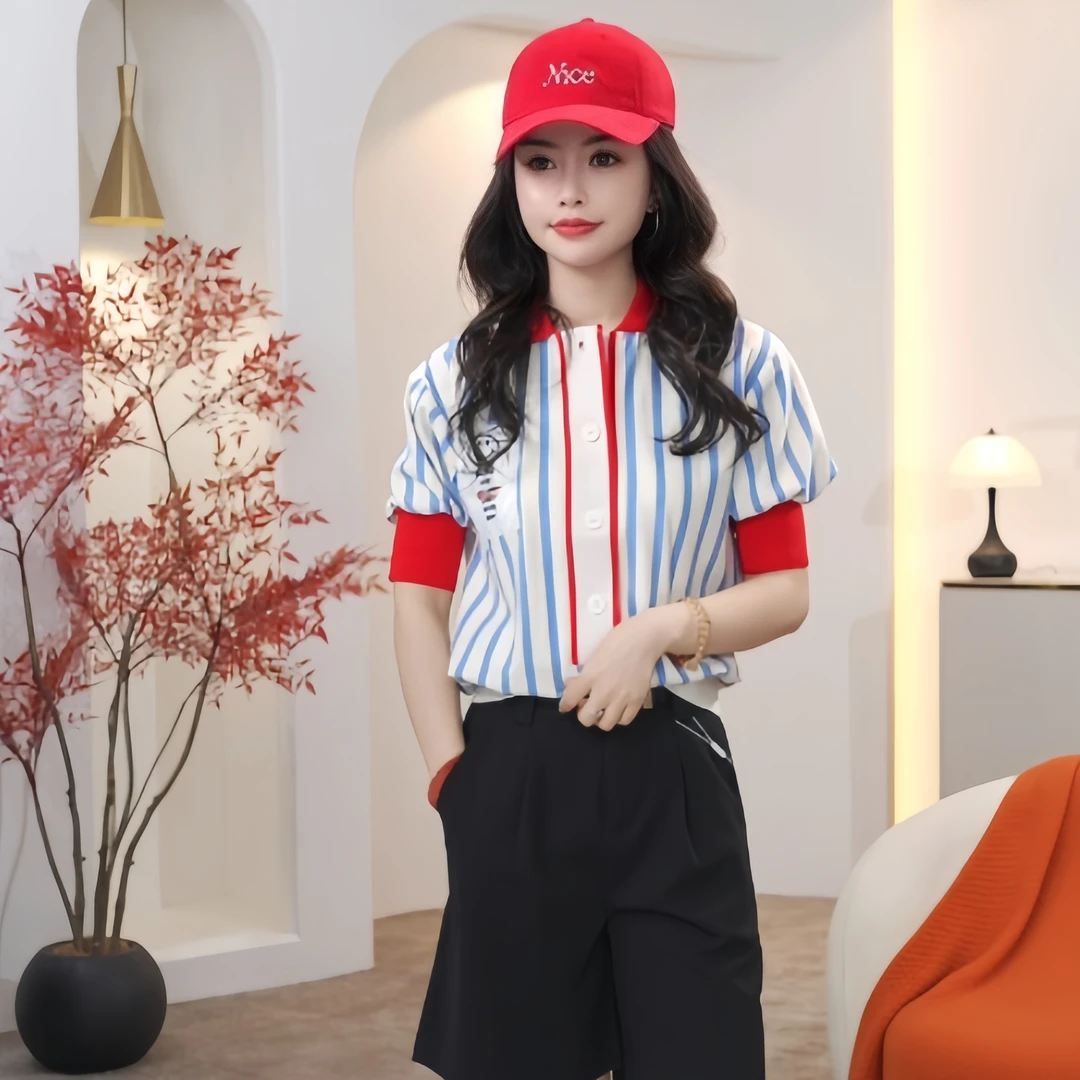 【简约时尚】竖条纹翻领杏色条纹短袖衬衫上衣