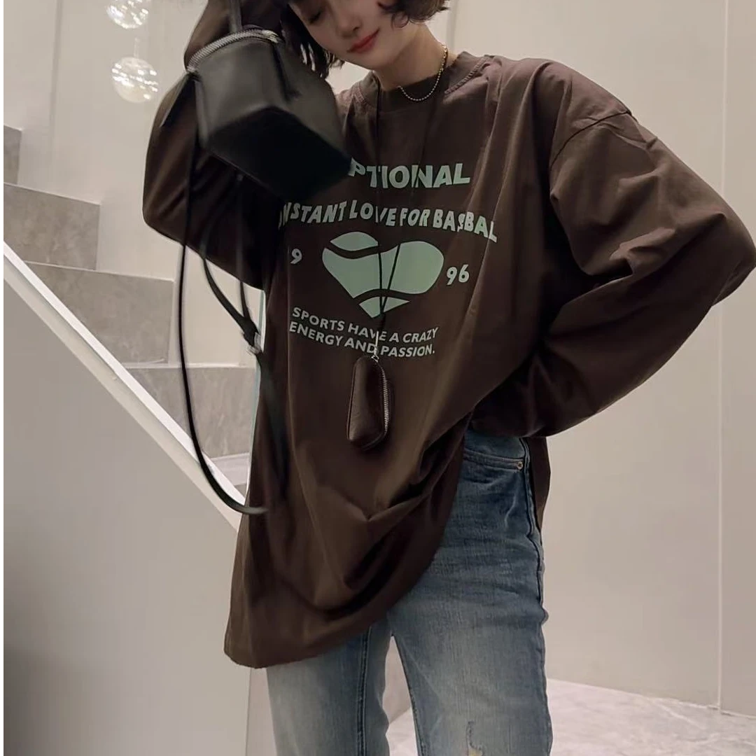 【五五定制】2025新款—春季时尚休闲圆领长袖字母爱心宽松T恤