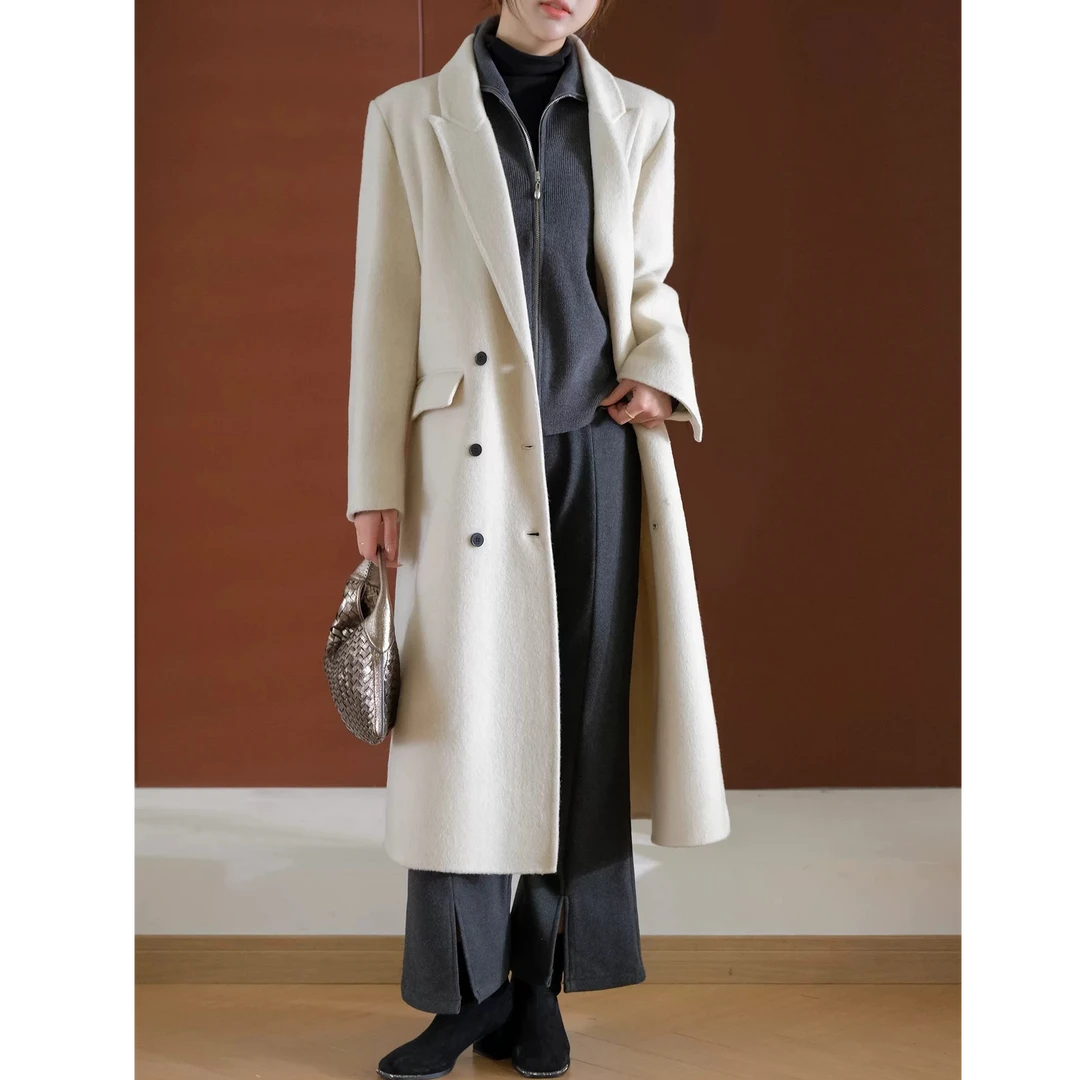 新款双面澳洲超细羊毛呢手工长款大衣气质高级羊毛呢外套
