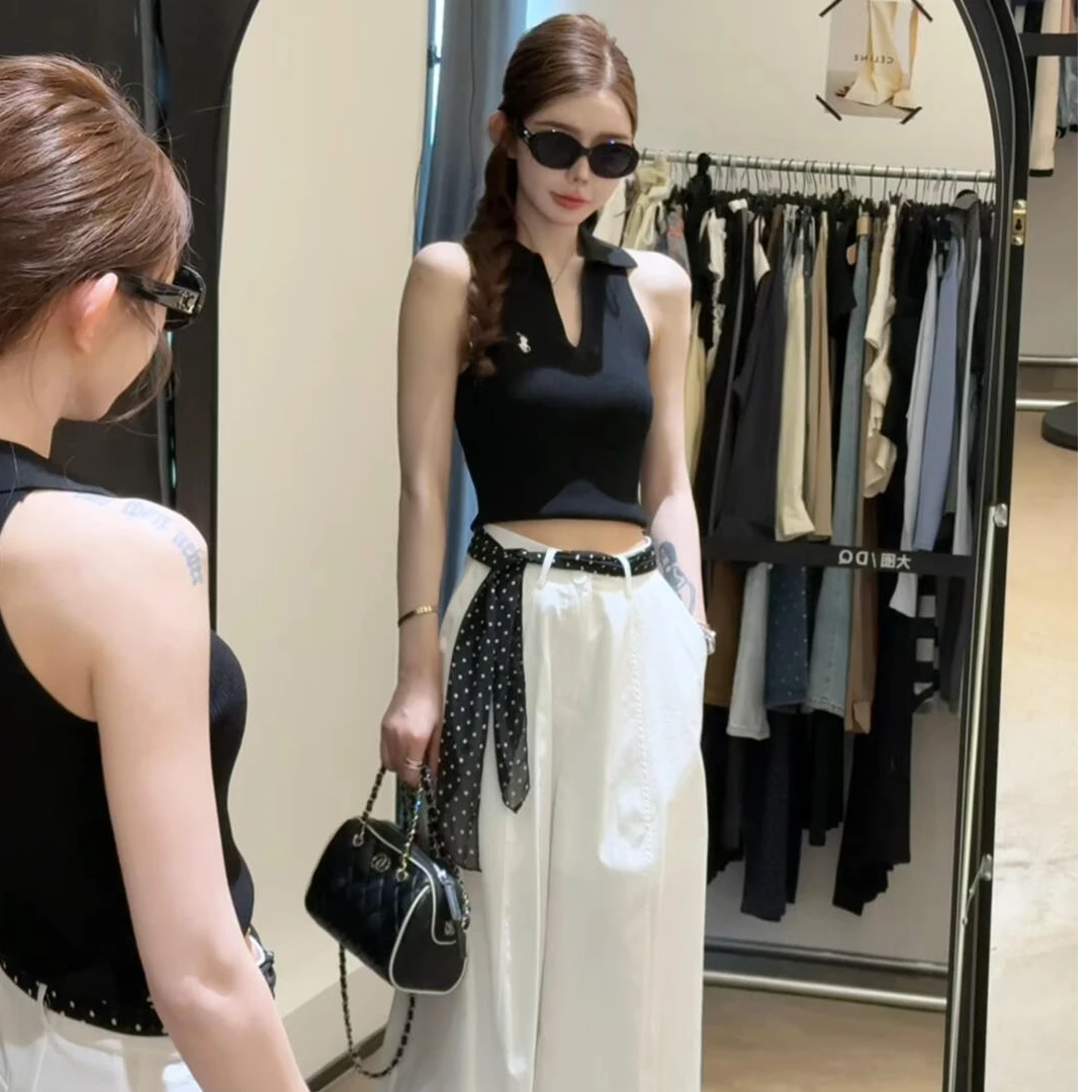 老钱风松弛感女装夏季新款v领经典刺绣无袖背心慵懒风白色阔腿裤