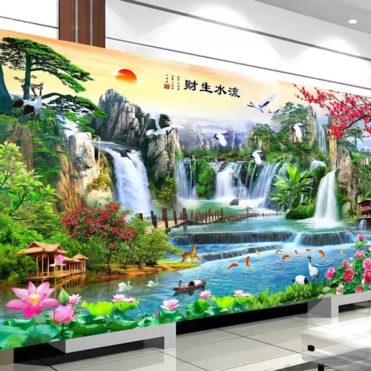 1.8大纯手工绣好十字绣成品流水生财客厅挂画